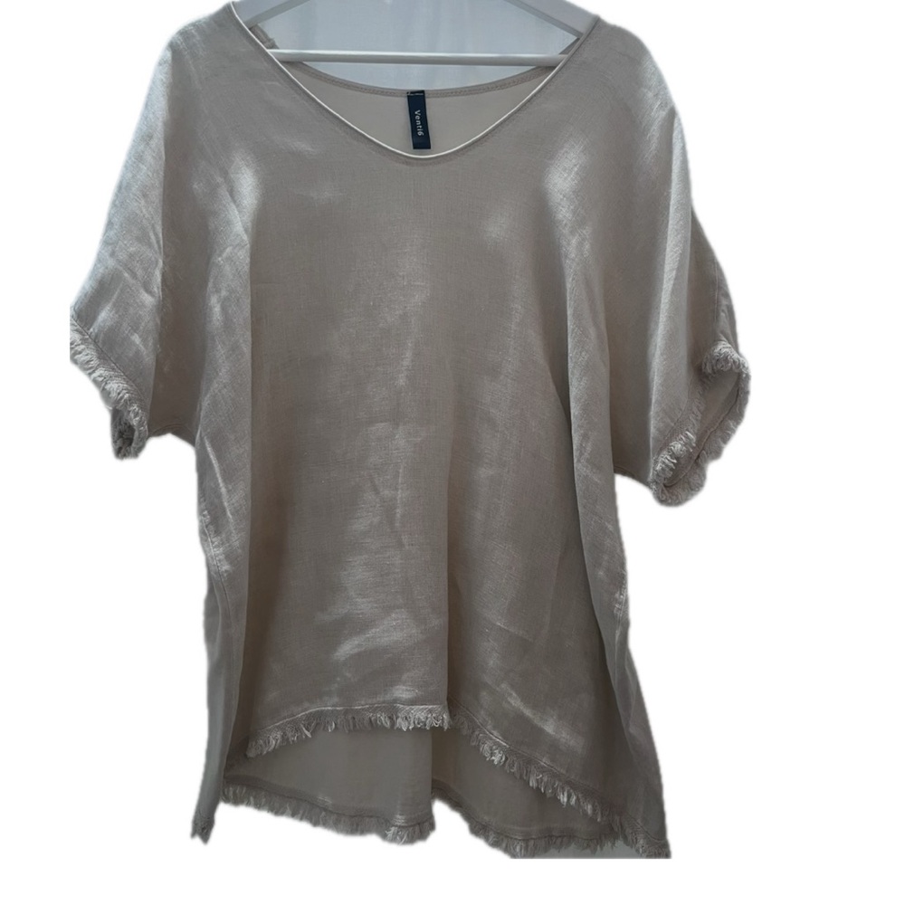 VENTI6 Small taupe linen raw edge hem top lightweight and silky soft EUC